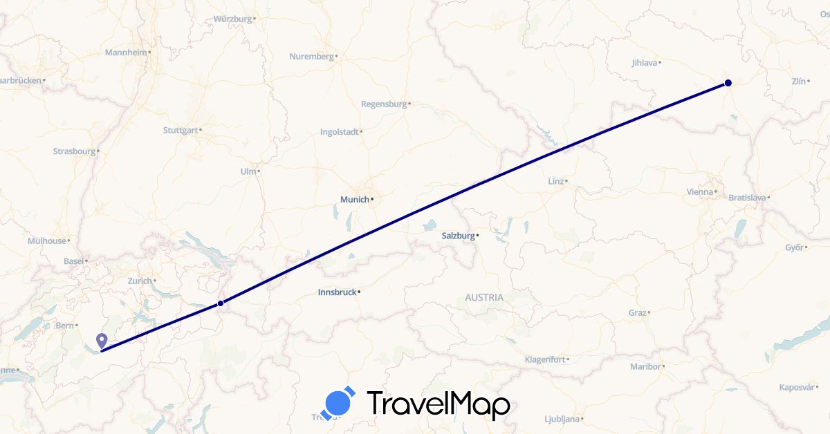 TravelMap itinerary: driving in Switzerland, Czech Republic, Liechtenstein (Europe)